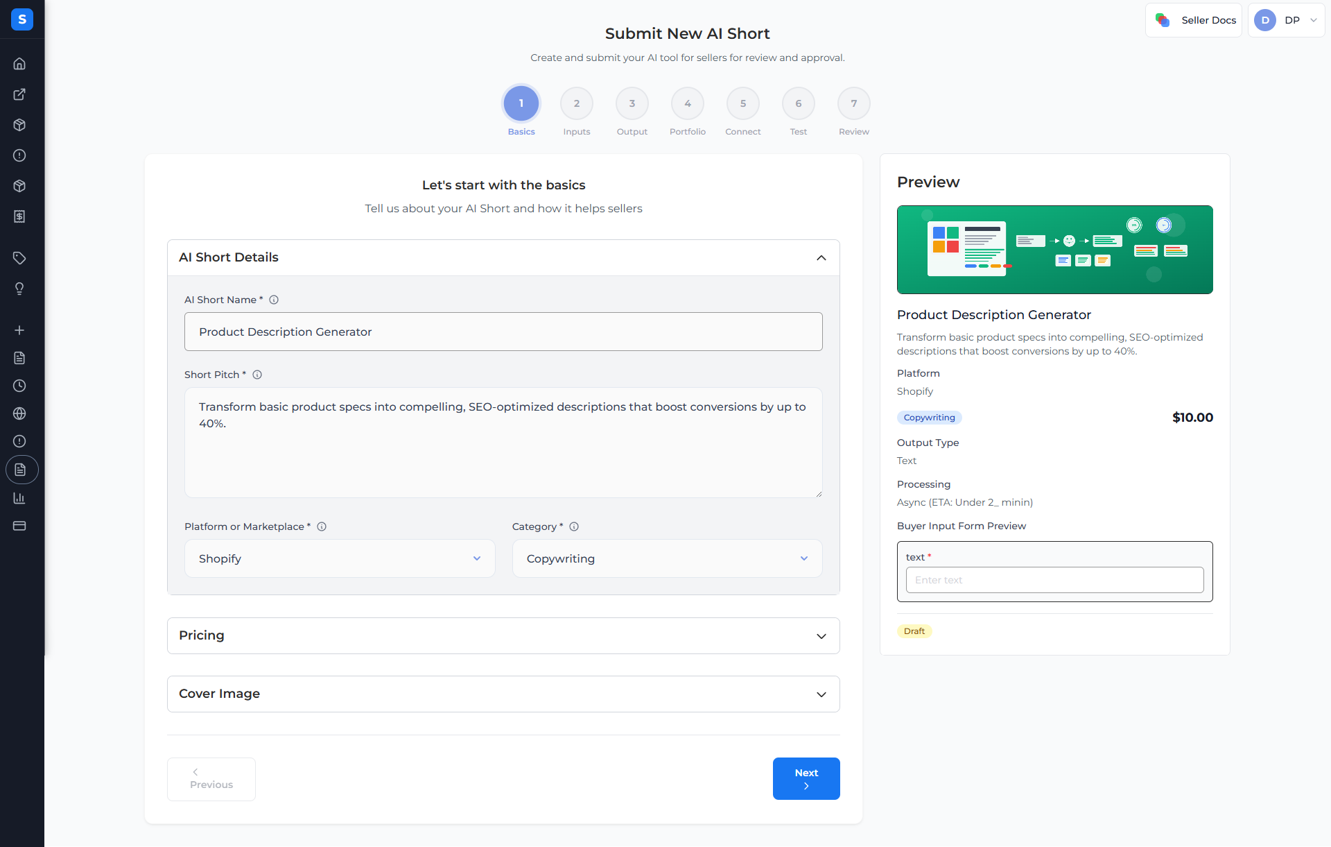 Connect your AI agent in SellerShorts interface showing platform integration and connection setup